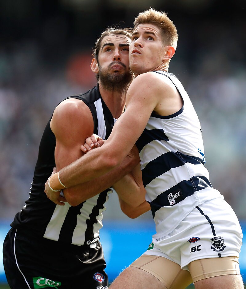 AFL 2016 Rd 09 - Collingwood v Geelong MELBOURNE, AUSTRALIA - MAY 21: Brodie Grundy of the Magpies and Zac Smith of the Cats compete in a ruck contest during the 2016 AFL Round 09 match between the Collingwood Magpies and the Geelong Cats at the Melbourne Cricket Ground on May 21, 2016 in Melbourne, Australia. (Photo by Michael Willson/AFL Media)